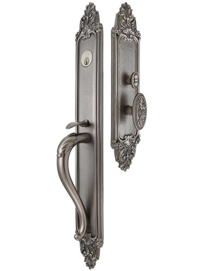 Valmont Premium Thumb-Latch Mortise Entry Set Left Handed with Louis XVI Oval Knob in Venetian Nickel.